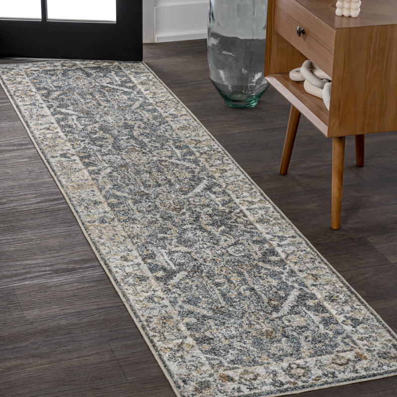 Brandy Rustic Border Low-Pile Machine-Washable Dark Gray/Cream Rug, Runner 2' x 7'10"