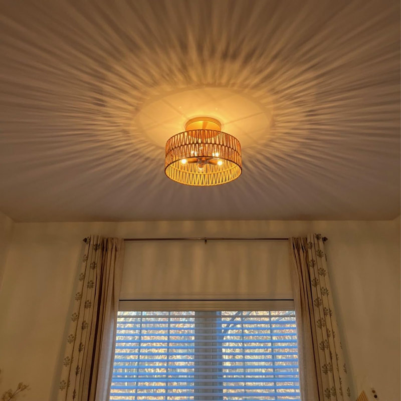 5 Light Rattan Flush Mount Ceiling Light, 15.9" Wicker Woven Boho Ceiling Light Fixture, Gold/Natural