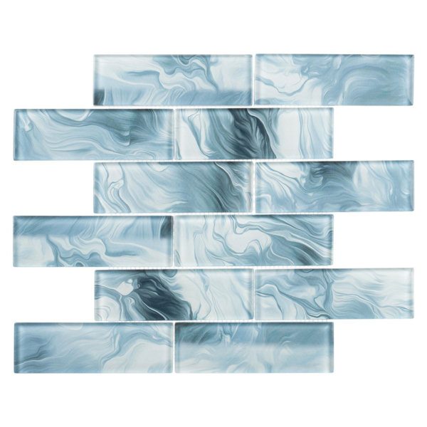 Dunar Blue 2-in. x 6-in. Brick Joint Marble Look Glossy Glass Mosaic Wall & Floor Tile