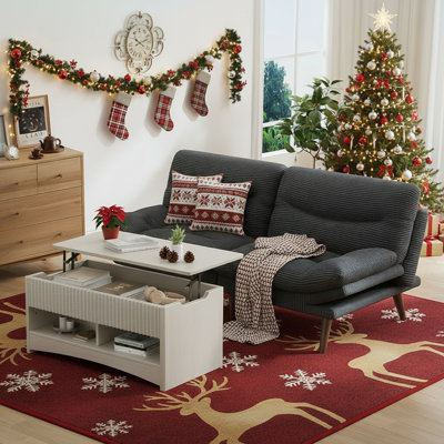 Futon Sofa Bed With Adjustable Backrest & Armrests, Convertible Corduroy Loveseat Sleeper With Modern Lift-Top Coffee Table With Storage, Living Room Set