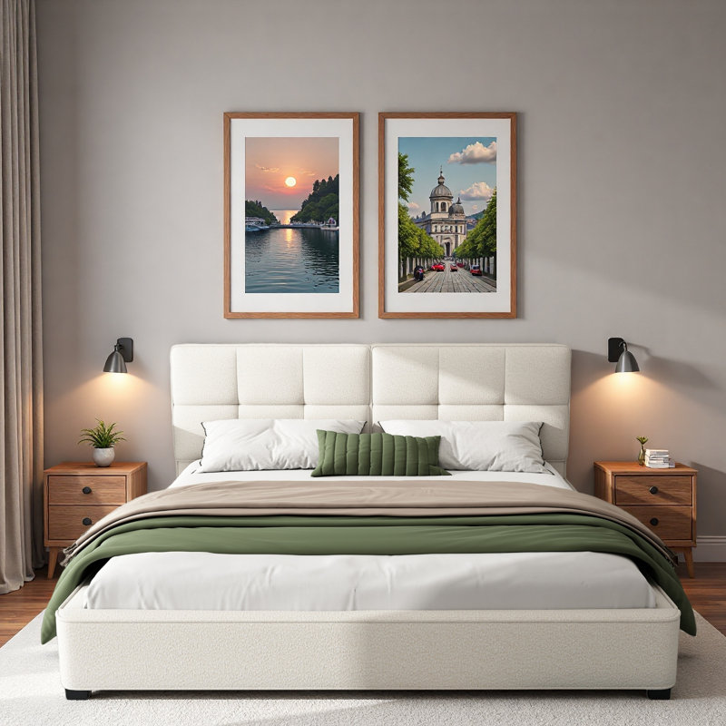 Lit plateforme tapissier Boucle avec tête de lit capitonnée courbée et pieds robustes
