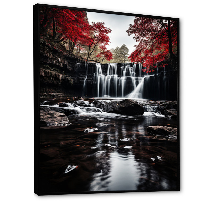Chute grise et rouge de l'éternité I sur toile, 44" H x 34" W, Cadre flottant noir