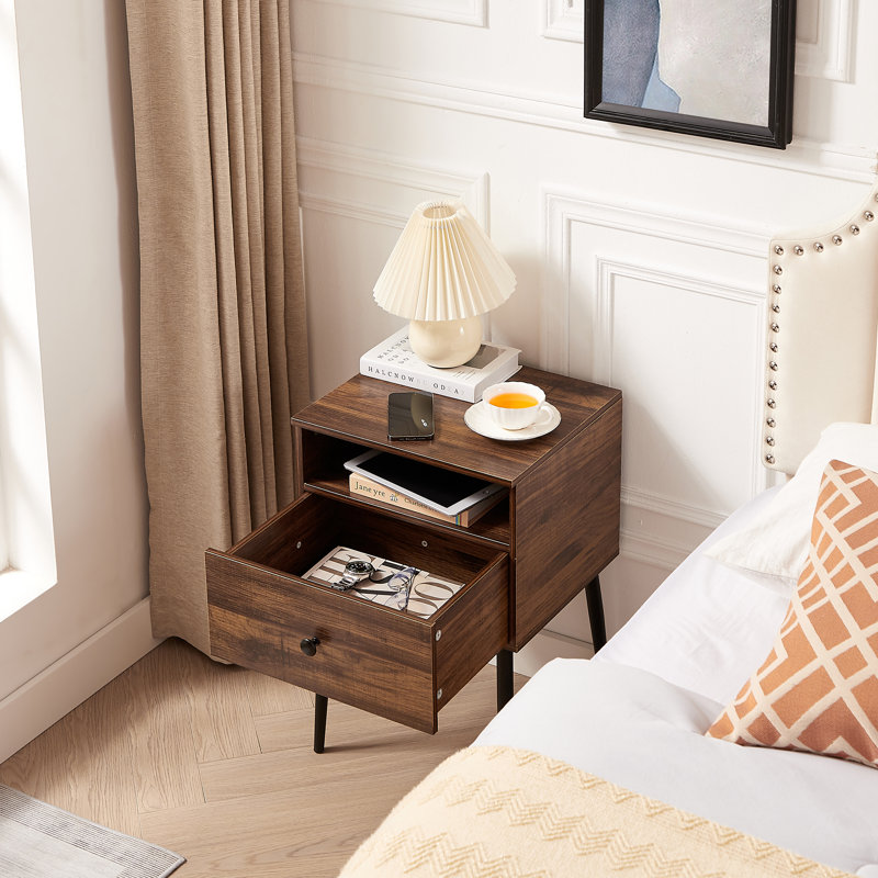 Ensemble de 2 tables de chevet brun avec tiroir et tablette ouverte, petites tables de chevet / tables d'appoint étroites pour chambre à coucher, salon, dortoir, appartement, entrée, bureau, tables de bout modernes avec rangement pour petits espaces
