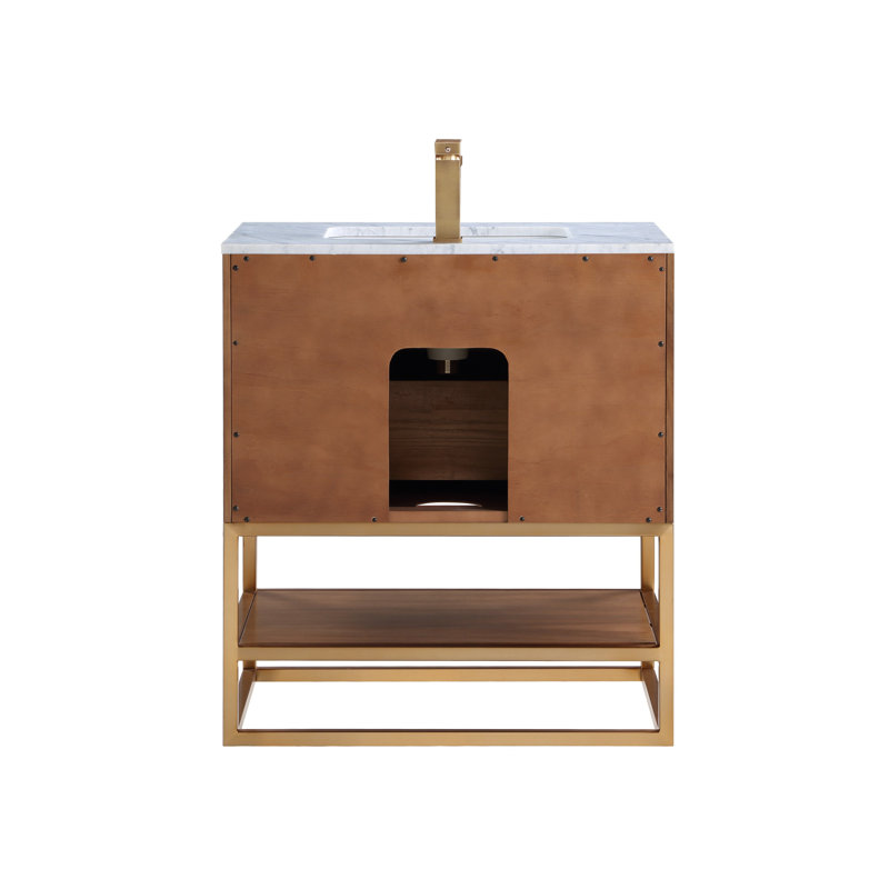 Terra 30'' W Single Vanity, Walnut, Carrara Marble/Single Faucet Mount, Satin Brass