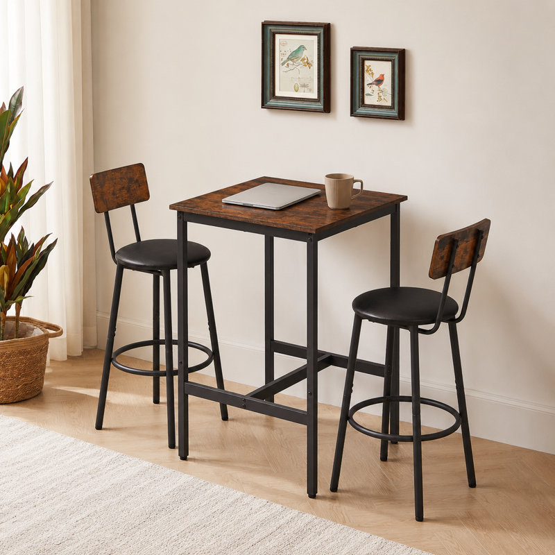 Ensemble de table de bar rustique brun équipé de deux tabourets de bar rembourrés pour les loisirs à la maison