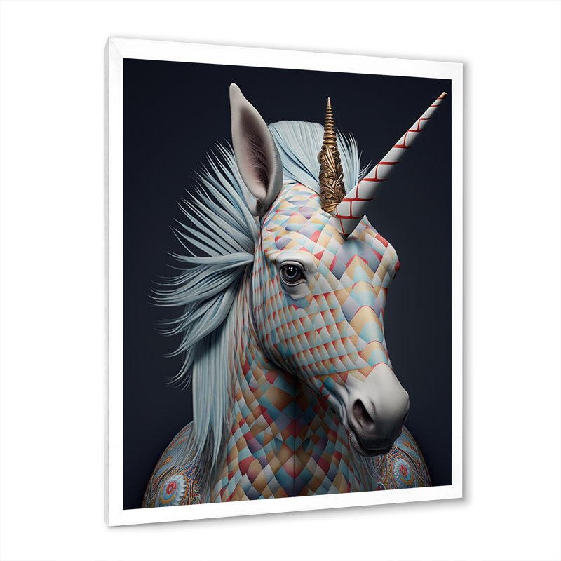 Portrait de licorne 3D - reproduction sur toile, H 32 po x l 24 po x P 1 po, Cadre simple blanc