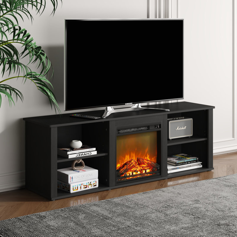 Meuble télé 63 po avec chaufferette électrique 18,1 po, pour téléviseur de 75 po ou moins, 4 armoires grillagées à dossier ouvert