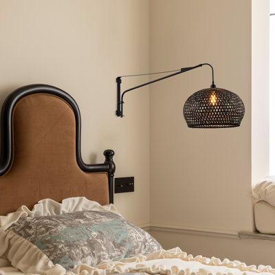 Cilo Plug-In Adjustable Swing Arm Wall Lamp In Matte Black Extendable Arm Rattan Shade