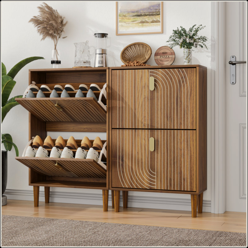 Shoe Storage Cabinet with 2 Flip Drawers & Metal Handles, Freestanding Line Groove Shoe Cabinet for Entryway