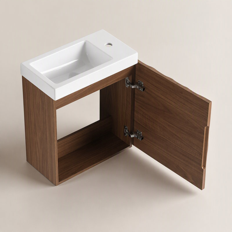 Meuble-lavabo mural 18,5 po avec lavabo en résine, porte simple à fermeture douce, panneau de fibres à densité moyenne, noyer (emballage KD)