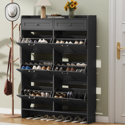 Armoire à chaussures 42 paires 42 po avec 6 portes, 2 tiroirs et tablettes réglables, crochets latéraux pour vestibule