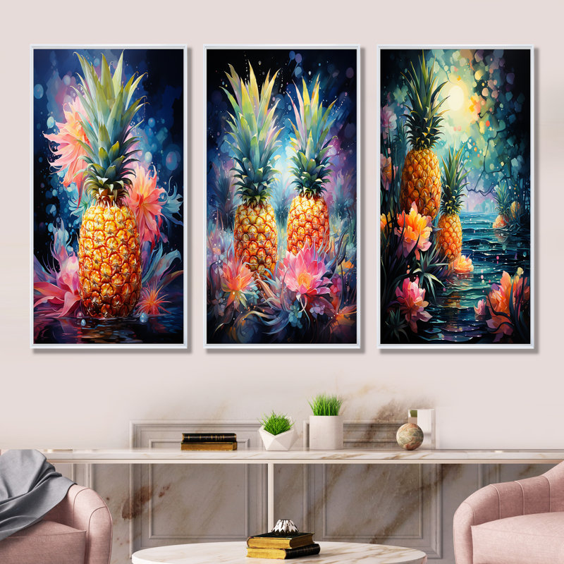 «Green and Yellow Cosmic Pineapple I», ensemble de 3 ananas sur toile, Cadre flottant blanc, H 32 po x l 48 po