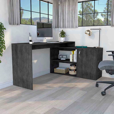 Bureau d'ordinateur moderne en L avec rangement ouvert et fermé - chêne Smokey
