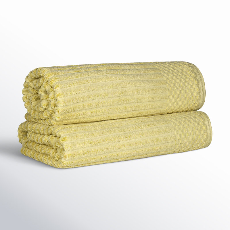 Ruvins Cotton Highly Absorbent Solid and Checkered Border Bath Sheet Set, Yellow Gold
