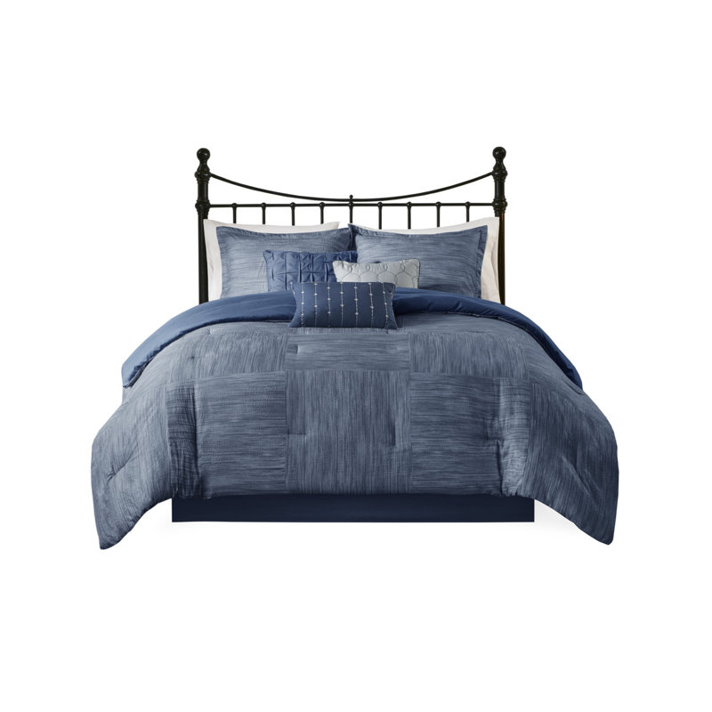 Ensemble d'édredon en seersucker bleu marine - Collection de literie en microfibre 7 pièces avec coussins décoratifs, taies décoratives et jupe de lit