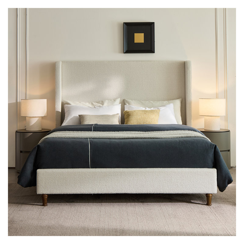 Très grand lit tapissier Harper avec tête de lit haute de 54 po - Boucle blanc crème, aucun sommier nécessaire, base de lit contemporaine à assemblage facile
