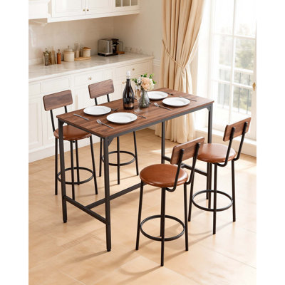 Table de bar, ensemble de tables de bar 5 pièces 47 po, tables de bar et ensemble de chaises à bords arrondis, table de pub rectangulaire avec quatre tabourets pour le salon, la salle à manger, la cuisine, couleur noyer, noir