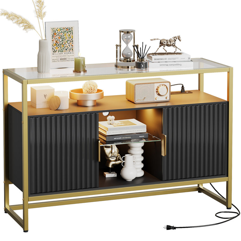 Martee 45.67''W Sideboard with Power Outlet,Coffee Station with Glass Tabletop,Buffet Cabinet with Storage,Corner Coffee Bar