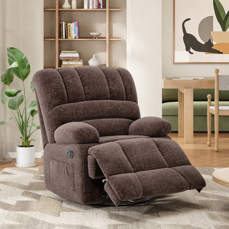 Heald 40.94"W Upholstered Swivel Rocker Recliner, Brown Chenille