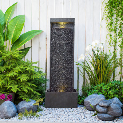 Outdoor Floor - Standing Waterfall Fountain With LED Light, Modern Rock - Textured Water Feature For Garden, Patio & Yard Decor