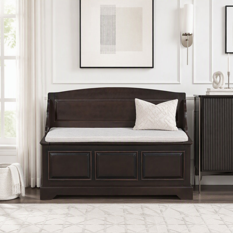 Banc de rangement à chaussures rétro avec système de fermeture amortie sécurisé, coffre de rangement avec compartiment caché et coussin pour l'entrée.