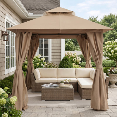 Abri de jardin 8 pi x 8 pi, abri de jardin robuste à toit en métal avec toits doubles, moustiquaires et écrans d'intimité pour la cour, le jardin, la pelouse et le kaki