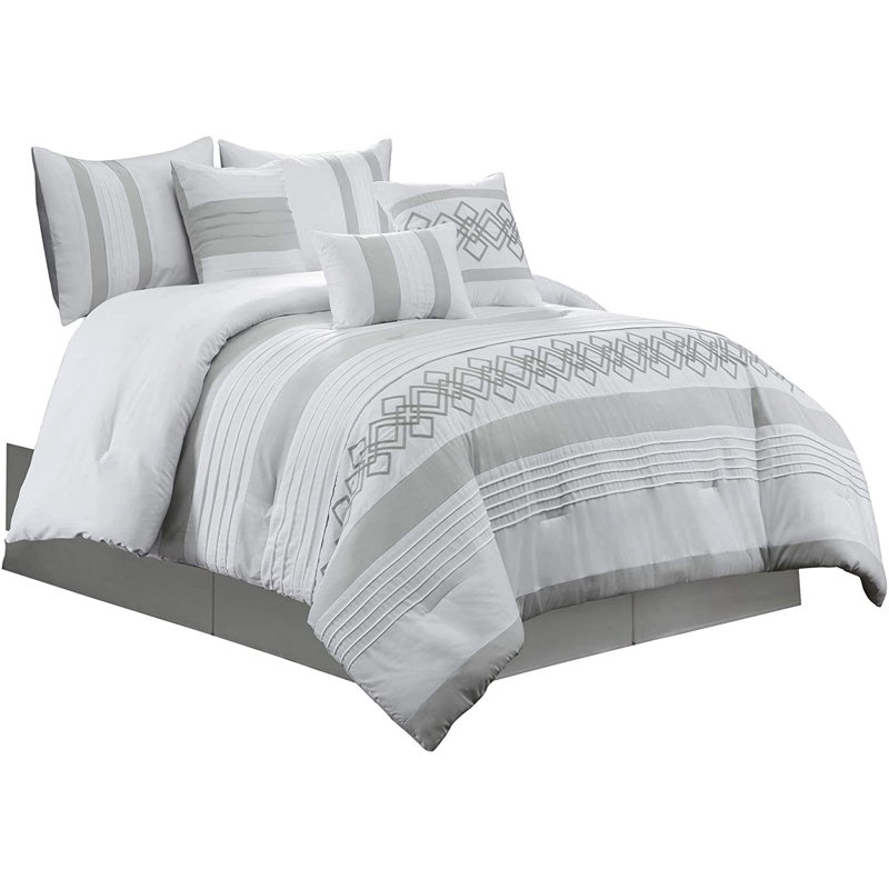 7-Piece Bohemian Embroidery Pleated Stripe Comforter Set , Gray, Queen Comforter + 6 Additional Pieces