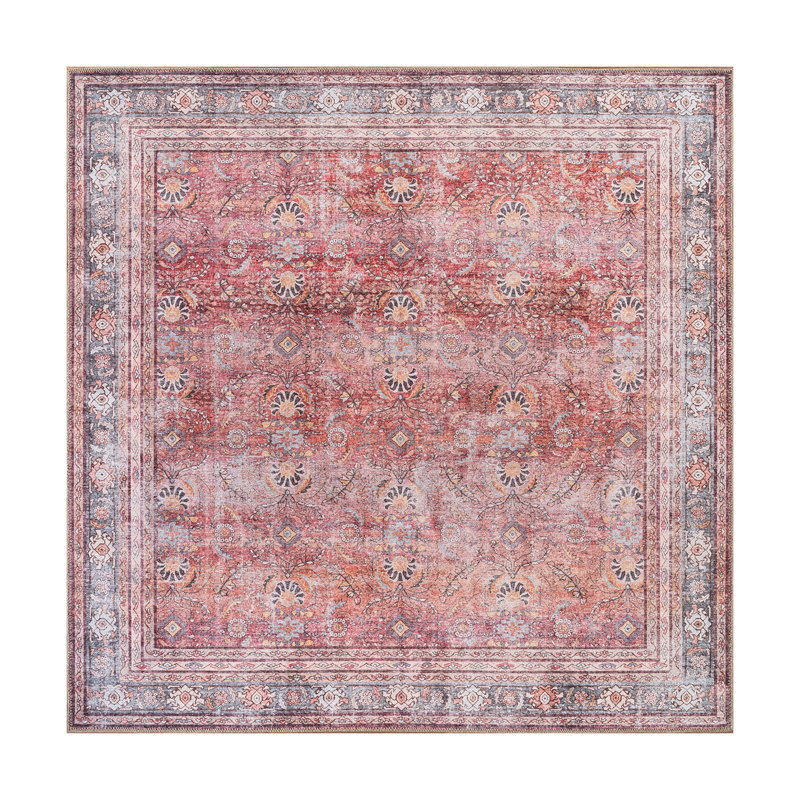 Labarbera Machine Washable Red/Gray Non-Slip Backing Area Rug, Square 6'7"