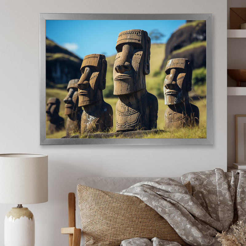 Art moderne brun, Moai Marvel, art asiatique II, Cadre d'angle fermé noir, H 24 po x l 32 po x P 1 po