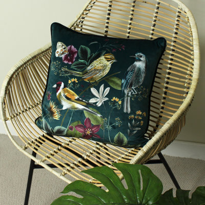 Midnight Garden Bird Velvet Piped Cushion Cover