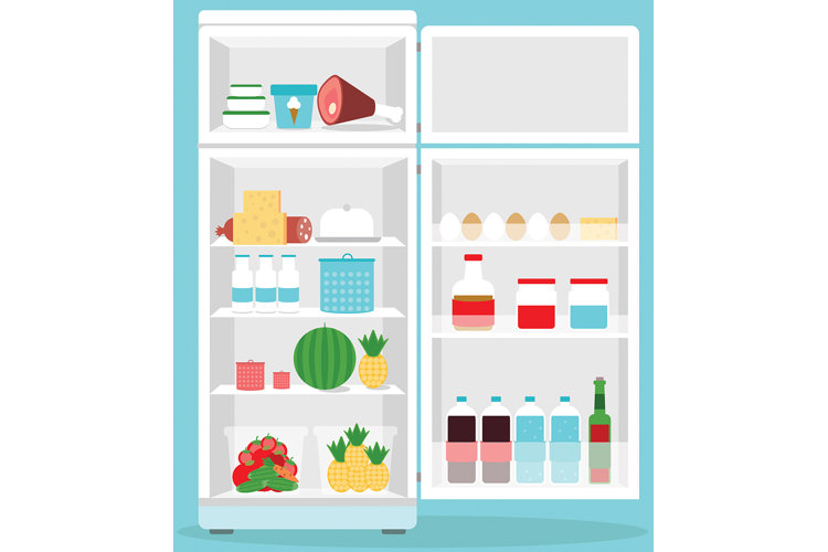 A cartoon graphic of an open fridge.