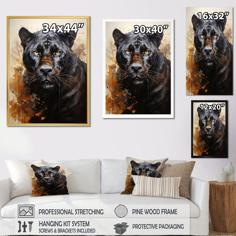 Portrait de chasseur de nuit classique panthère gracieuse, Cadre doré simple, H 44 po x l 34 po x P 1,5 po