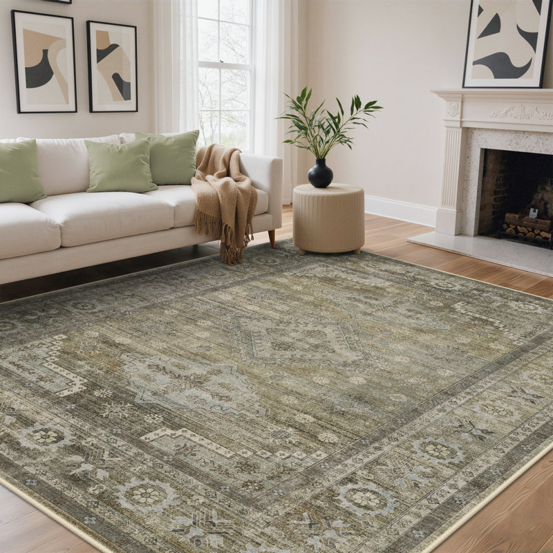 Oriental Machine Washable Sage/Gray Area Rug with Non-Slip Backing, Rectangle 9' x 12'