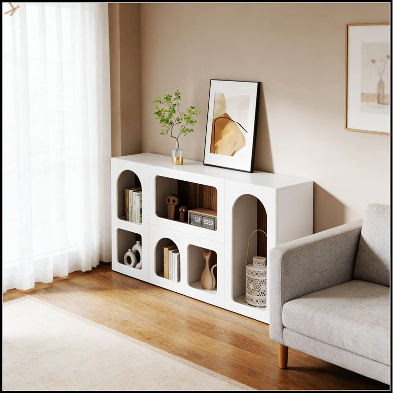Console chic en bois avec beaucoup de rangement, parfaite pour les vestibules modernes et les salons