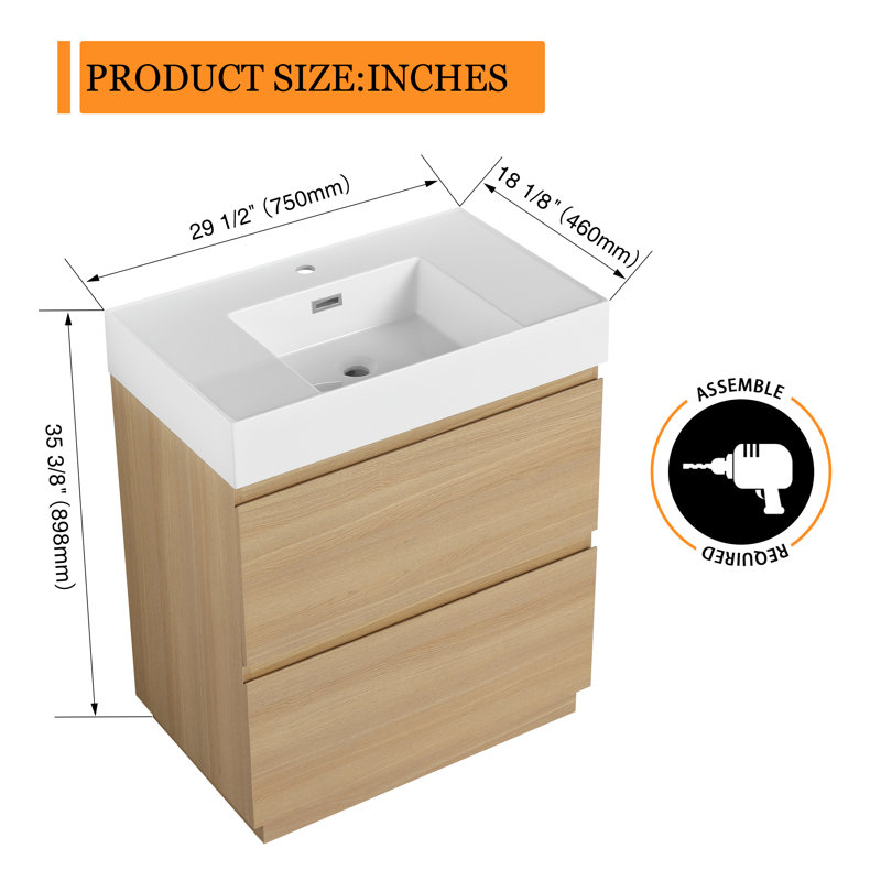 Meuble-lavabo simple autoportant 30 po avec plateau en résine, Chêne