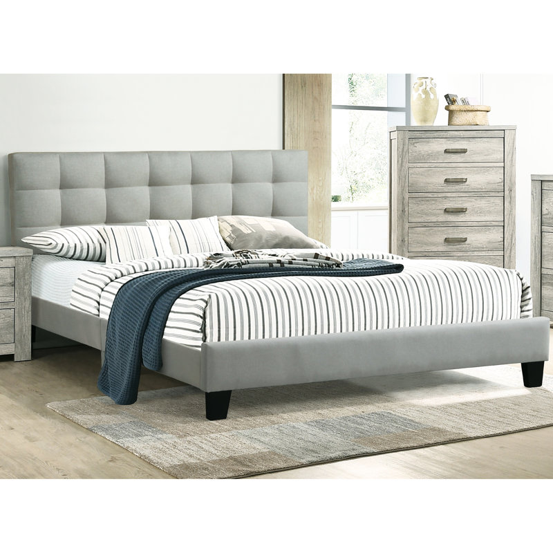 Lit de chambre à coucher avec tête de lit élégante et cadre de lit plateforme moderne, Gris clair, Lit double