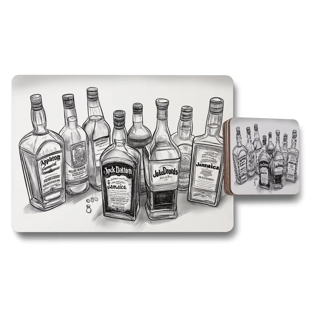 Whiskey Bottle Sketch Placemats and Coaster Set for Kitchen Decor
