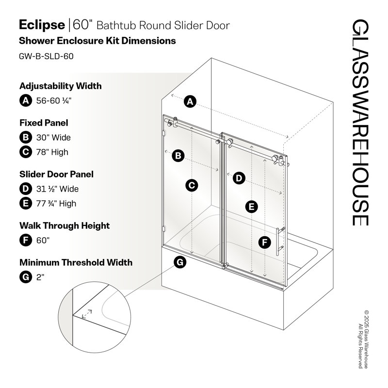 Eclipse 56 - 60 in. x 60 in. Fully Frameless Sliding Bathtub Door, Satin Brass
