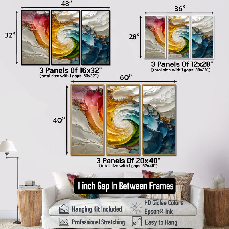 Ensemble de salon blanc et couleurs Vortex Of Life I - Abstract Spirals, Toile avec cadre flottant noir