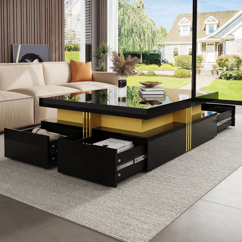 Table basse moderne carrée avec rangement et 4 tiroirs, Noir