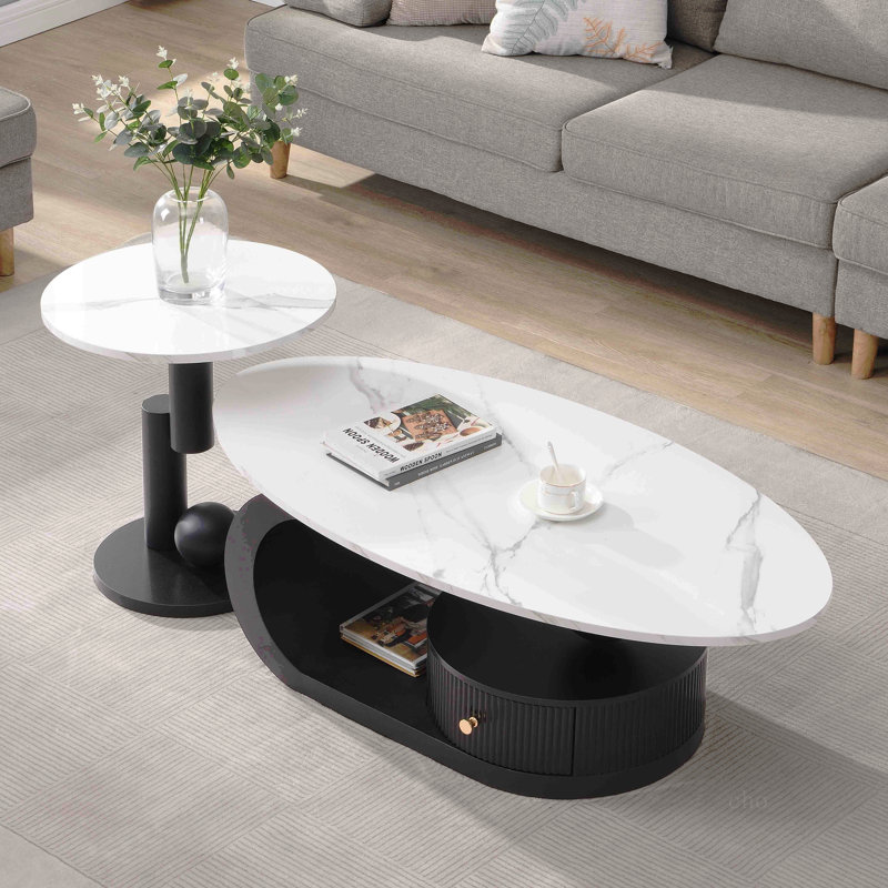 Ensemble de 2 tables de bout pour salon, ovale et ronde Modern Modern, White/Black, Marble
