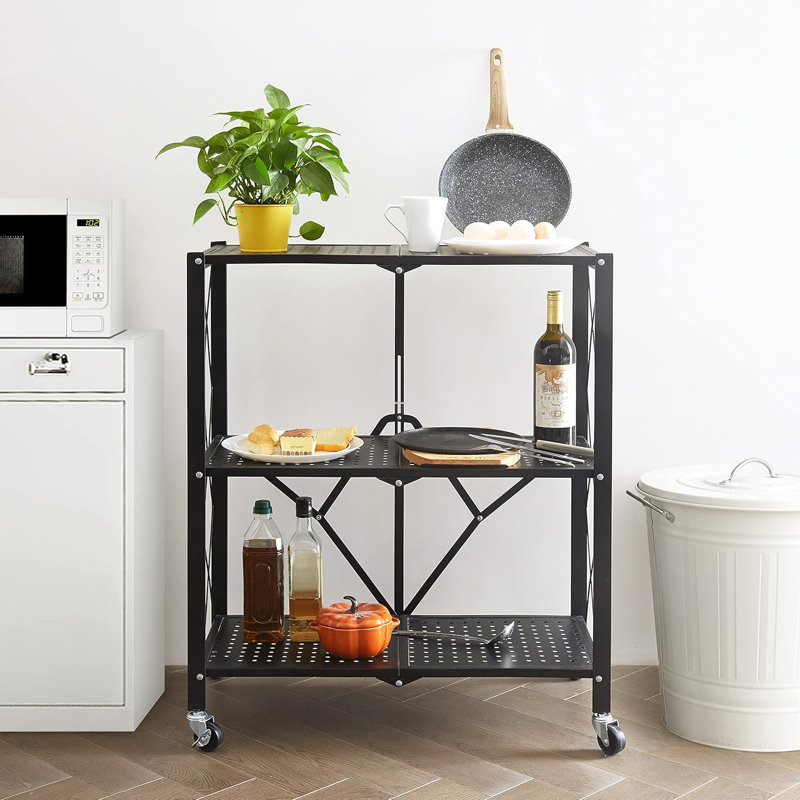 3-Tier Metal Storage Cart With Rolling Wheels, Foldable Design For Multi-Purpose Use In Home And Office
