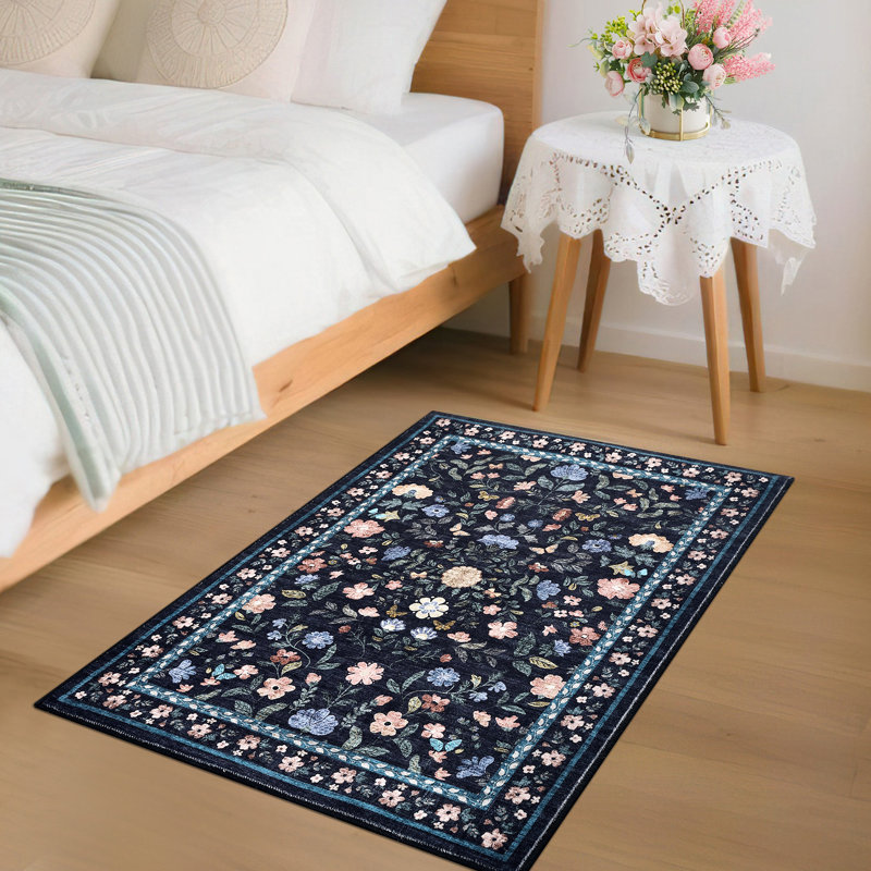 Washable Rugs Non Slip Area Rugs for Bedroom,Farmhouse Floral Carpets for Hallway,Dining Room,Bathroom,Nursery, Blue