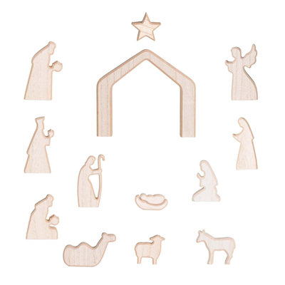 13 Piece Wooden Nativity Scene Set, Mini Holy Family Figurines, Minimalist Boho Christmas Manger Decor For Tabletop Or Mantel