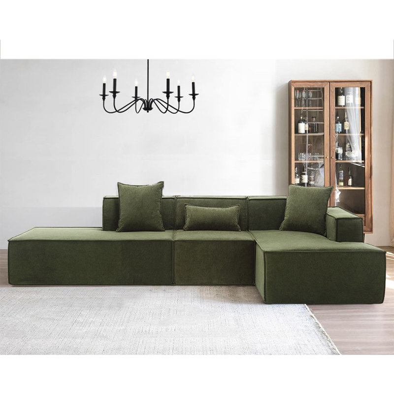 Modern Modular Boneless Sectional Sofa, Italian Minimalist Tofu Block, Large Sectional Couch for Living Room, Green Polyester