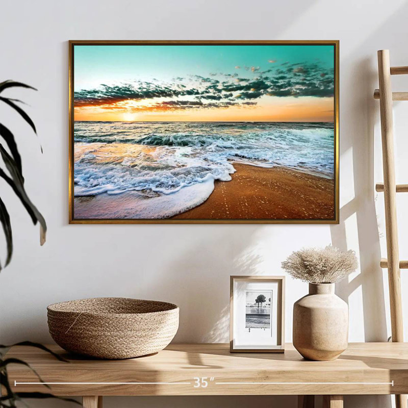 Retro Cancun Beach, 25" X 17", Floating Frame Gold