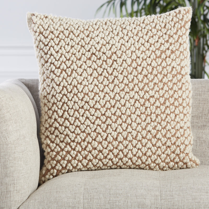 Tan Square Embroidered Wool Throw Pillow
