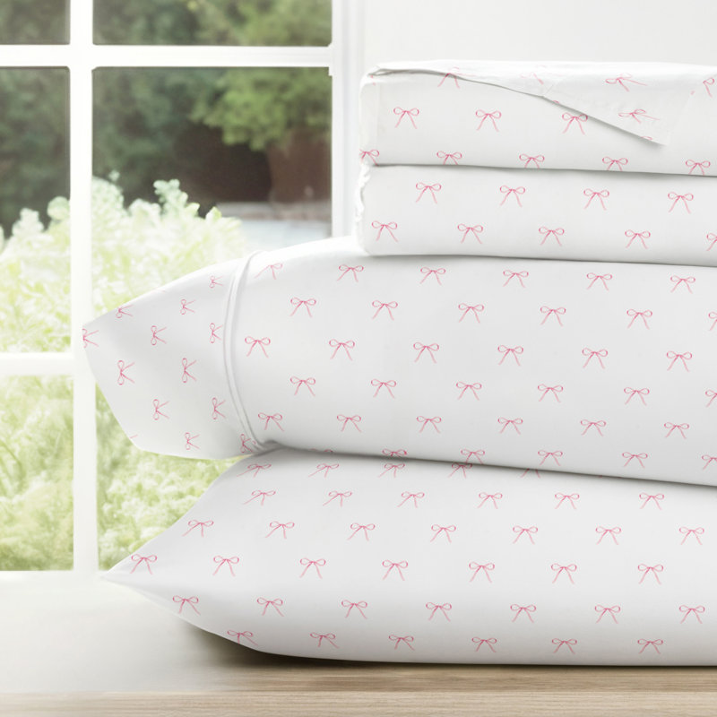 Ensemble de literie 4 pièces Ditsy, Ensemble de draps double / double avec 2 taies d'o, Boucles roses
