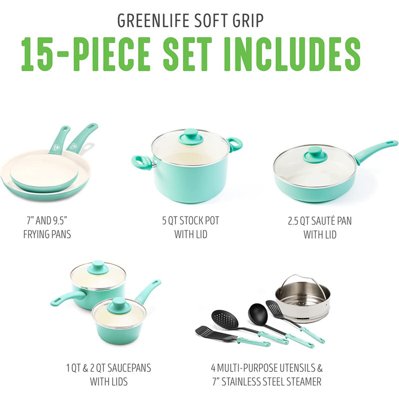 Turquoise 15-Piece Aluminum Nonstick Cookware Set with Glass Lids