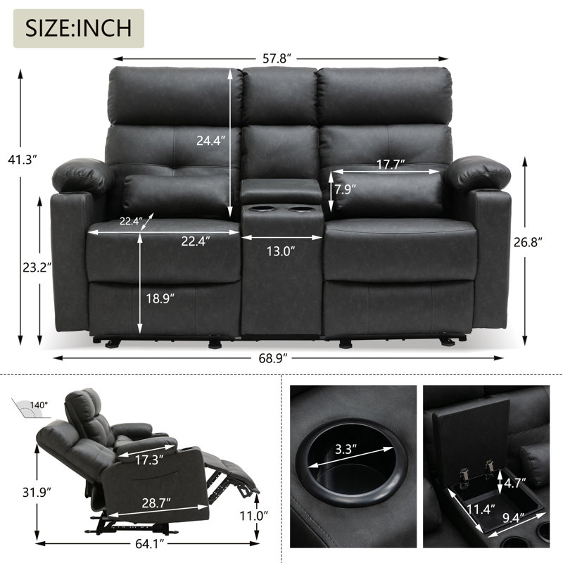 68.9" Pillow Top Arm Power Reclining Loveseat with Heat and Massage For Living Room, Dark Gray 